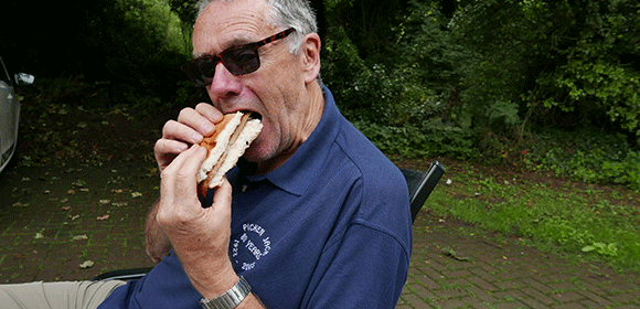 James Ruddy eating a kipper sandwich